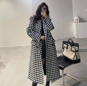 Модная куртка из искусственной шерсти в клетку, женское осеннее Корейское элегантное однобортное длинное пальто, зимняя толстая теплая верхняя одежда из смесовой ткани