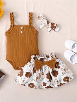 Комплект одежды из 3 предметов для маленькой девочки 3-18 месяцев, однотонное боди без рукавов + юбка с цветочным рисунком + повязка на голову, летний повседневный костюм для маленьких девочек