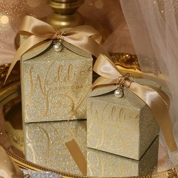 Подарочные коробки для конфет, Свадебная вечеринка, блестящие коробки для упаковки конфет, шоколада, подарки, бумажные пакеты с лентами, роскошные свадебные сувениры