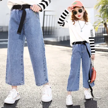 Новые модные джинсы для девочек, детские джинсы-подростки, джинсовые брюки с эластичной резинкой на талии, детские брюки для девочек, одежда 4, 6, 8, 10, 12 лет