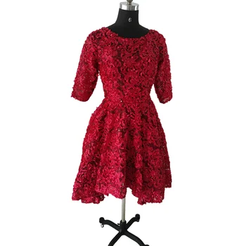 Реальные фото Вечерних платьев Красного цвета С круглым вырезом И Короткими рукавами, На молнии Сзади, Асимметричная Складка Чайной длины, Плюс размер, Женское Вечернее платье YS031