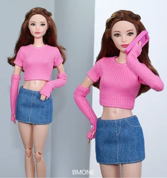 Комплект одежды / розовый свитер + джинсовая юбка / летняя одежда для куклы 30 см, костюм для куклы Барби 1/6 Xinyi FR ST blythe