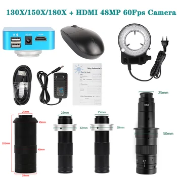 Цифровая камера CCD HDMI 48MP 60Fps 130X /150X/180X с встроенным программным обеспечением, управление мышью, Регулируемый объектив микроскопа, светодиодная лампа