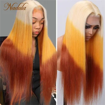 Nadula Прямые волосы 13x4 Парики на кружеве 3 тона наоборот, светлые, оранжевые и коричневые, омбре 150% плотности, многоцветные волосы для женщин