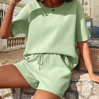 2023 Новый пижамный комплект для женщин, Зеленая пижама с коротким рукавом, Женские повседневные костюмы с шортами, домашняя одежда, однотонная верхняя одежда, лето