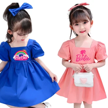 2023 Платье для девочек Барби, летнее платье принцессы аниме Каваи Барби, детское платье с пышными рукавами и квадратным вырезом, женская юбка с коротким рукавом