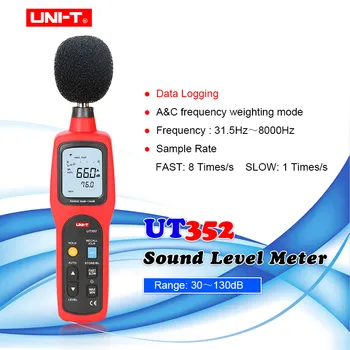 UNI-T UT352 ЖК-измеритель уровня звука Тестер шума 30-130 дБ Частота 31,5-8000 Гц Взвешивание частоты переменного тока МАКС/МИН/Регистрация данных