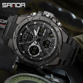 SANDA Fashion Top Военные Спортивные Мужские Кварцевые часы со Светящимся двойным дисплеем 5ATM Водонепроницаемые Мужские часы в стиле G Relógio masculino
