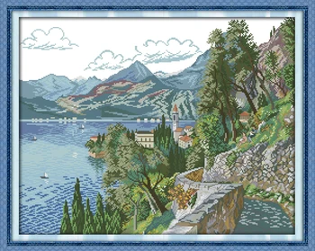 Набор для вышивания крестиком Joy Sunday Easy Pattern, набор для вышивания из тисненой ткани Aida-С озером и холмами (2)