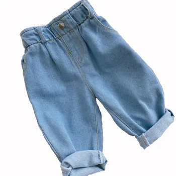 Одежда для маленьких девочек и мальчиков, однотонные утепленные джинсы с высокой талией, повседневная детская одежда на весну и осень