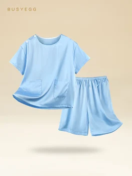 Свежий синий Однотонный детский комплект домашней пижамы из натурального шелка для мальчиков, Летняя детская домашняя одежда из натурального шелка с коротким рукавом, Одежда для ребенка