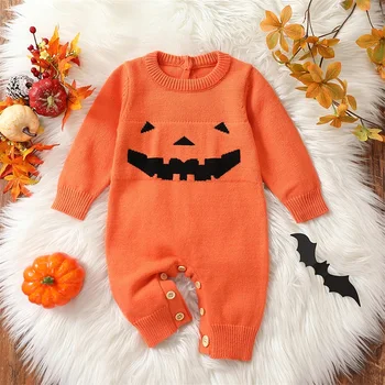 FOCUSNORM, Милые комбинезоны для маленьких девочек и мальчиков на Хэллоуин, 0-18 м, вязаный свитер в виде тыквы с длинным рукавом, одежда
