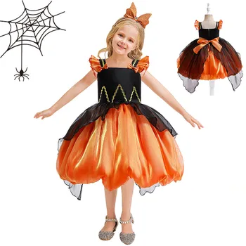 Праздничное платье из тюля с бантом на Хэллоуин для девочек, праздничный костюм, платья для девочек, длинные платья для малышей