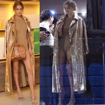 Gigi Hadid Star Fit 2022 Осенне-зимнее женское пальто с блестками средней длины, ветровка