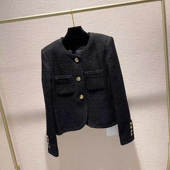 Модный Классический женский черный шерстяной твидовый пиджак 2023 года, высококачественные накладные карманы с металлическими пуговицами и круглым вырезом, официальное флисовое пальто для леди