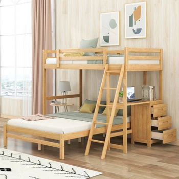 Двухъярусная кровать со встроенным столом и тремя выдвижными ящиками