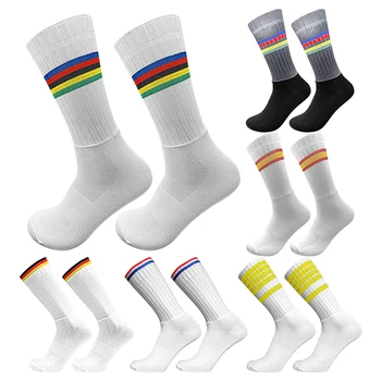 Новые Противоскользящие Силиконовые носки для езды на велосипеде, Средний цилиндр, Контрастные полосы, Повседневные Мужские Женские спортивные носки на открытом воздухе.