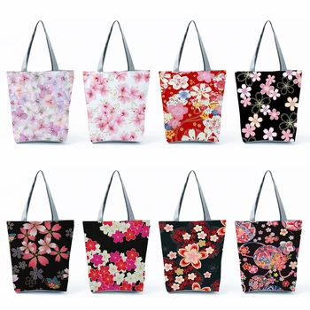 Повседневные сумки с принтом сакуры в японском стиле, дизайнерские сумки для покупок с растительным цветочным рисунком, дорожные пляжные сумки большой емкости, женские сумки-тоут
