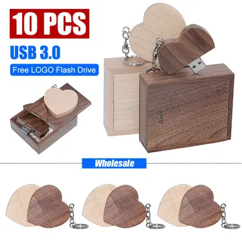 10шт Бесплатный пользовательский логотип ореховое деревянное сердце + подарочная коробка USB3.0 флэш-накопитель Creative Pendrive 8GB 16GB 32GB 64G Memory stick U диск
