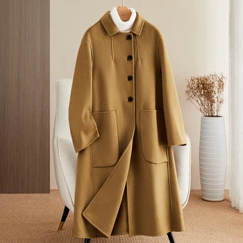 Новая женская длинная куртка 3023, свободное однотонное шерстяное пальто, Корейская мода, осень-зима, верхняя одежда с отложным воротником, пальто A157