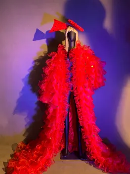 Красная кружевная шаль GOGO с большим рукавом, Рождественская певица, винтажное платье для бродвейских танцев