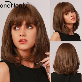 oneNonly Короткие коричневые синтетические парики Бобо Омбре с челкой Многослойная прическа для белых и черных женщин из натуральных термостойких волос