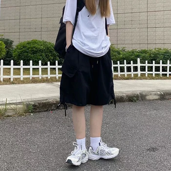 Японская уличная одежда, Свободные Широкие шорты, женские летние винтажные шорты Bf с большим карманом, Модные повседневные универсальные шорты-карго