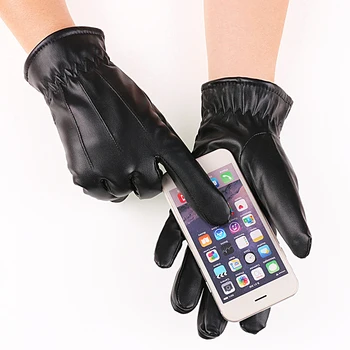 Черные перчатки с сенсорным экраном из искусственной кожи, зимние утепленные Теплые Плюшевые флисовые Перчатки, Женские, мужские, Велосипедные, Лыжные, Ветрозащитные перчатки на открытом воздухе