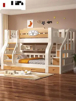 Верхняя и нижняя кровать из массива дерева, Двухъярусная кровать, маленькая семья, мужская и женская, высокая и низкая кровать для матери, белая детская кровать, многофункциональная
