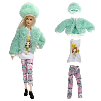 NK 1 комплект зеленой одежды, шуба с длинным рукавом + рубашка + Модные брюки + шляпа, современная повседневная одежда для куклы Барби, Аксессуары, игрушки