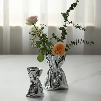 Креативная сумочка на тонкой талии, серебряная стеклянная ваза с гальваническим покрытием, для гостиной, Прозрачный уход за водой, Цветочная композиция, украшение