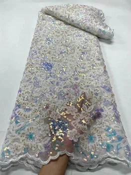 Высококачественная Кружевная Ткань Ручной Работы, Вышитая Бисером, Французское Кружевное Свадебное Платье, Вышитое Аквамариновой Тюлевой Тканью