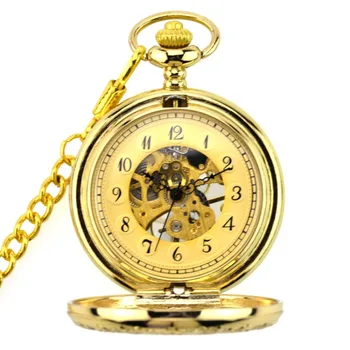 Роскошный полый корпус Golden Gear Skeleton с циферблатом в винтажном стиле с арабскими цифрами Механические карманные часы с цепочкой-брелоком Лучший Рождественский подарок