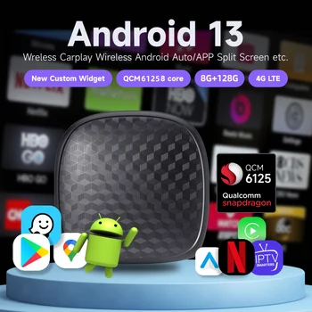 CarPlay Ai Box Plus 8 + 128 Г Android 13 Netflix YouTube Беспроводной Android Auto & CarPlay 8-Ядерный ПРОЦЕССОР QCM6125 для VW Audi Kia Fiat