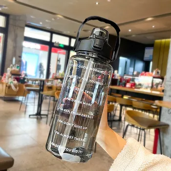 Портативная бутылка для воды объемом 2 л, пластиковая соломенная чашка для воды Большой емкости, бутылка для напитков с отметкой времени для занятий спортом на открытом воздухе, фитнес