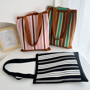 Женская тканая сумка через плечо в полоску, ретро-вязаная сумка в вертикальную полоску, сумки для покупок большой емкости