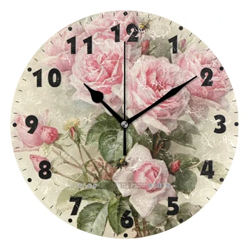 Винтажные Потертые Шикарные Круглые часы с цветочным рисунком Розовой Розы, Не Тикающие Бесшумные Настенные часы с батарейным питанием, тихие Настольные Часы Art Home Decor