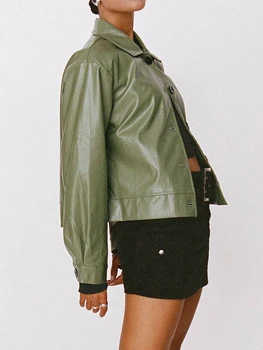 Женская укороченная куртка из искусственной кожи, повседневная однотонная куртка с длинным рукавом и пуговицами, осеннее короткое пальто для мотоциклистов