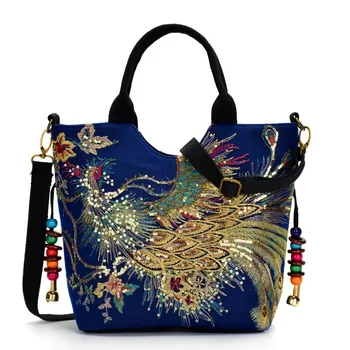 Женская сумка через плечо ручной работы, блестящая, расшитая Павлином, Богемная сумочка в стиле Ретро, большая вместительная холщовая сумка-тоут для покупок