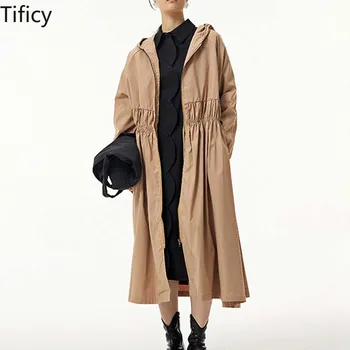 Осенний сезон, новый женский тренч с капюшоном на молнии, свободный и приталенный кардиган средней длины, пальто