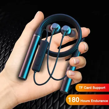 Беспроводные наушники 180-часовой работы Bluetooth Басовая гарнитура с микрофоном, стереонаушники с шейным ободком, спортивные наушники для TF-карты