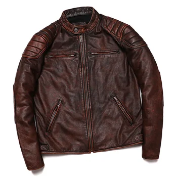 Бесплатная доставка 2023 Новая коричневая куртка из натуральной кожи в винтажном стиле, мужское мотоциклетное байкерское пальто из воловьей кожи, тонкая модная одежда