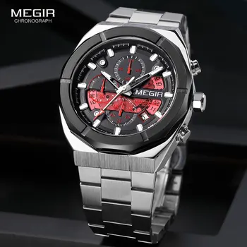 Кварцевые часы MEGIR с металлическим ремешком из нержавеющей стали для мужчин, модный серебряный хронограф, водонепроницаемые светящиеся наручные часы с датой 2225