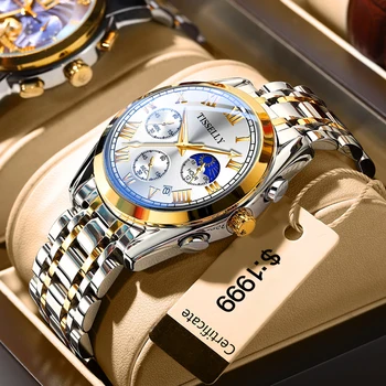 Мужские золотые часы высшего качества со стальным ремешком делового дизайна Moon Luminous reloj