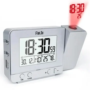 Проекционный будильник Fanju Беспроводной дисплей температуры, времени, даты и недели с поворотом на 180 °, 4 уровня подсветки, ЖК-дисплей с часами