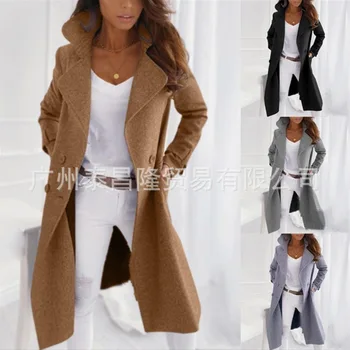 2023 Новое однотонное шерстяное пальто-ветровка средней длины с воротником-поло средней длины, женское пальто