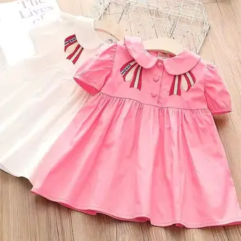 Детская одежда Милая принцесса для девочек розового цвета с коротким рукавом, красивое детское праздничное платье с галстуком-бабочкой