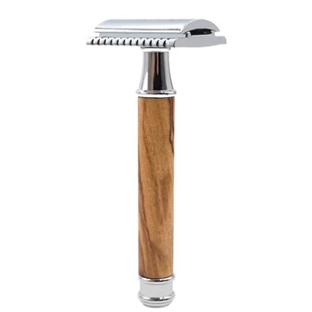 Безопасная бритва с двойным лезвием и длинной ручкой из натурального дерева для бритья