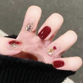24шт Коротких квадратных круглых накладных пальца с дизайном Красной розы, накладные ногти с полным покрытием, искусственный пресс на ногтях с аксессуарами