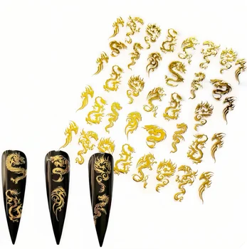 1 шт. Наклейки для ногтей с золотым драконом, отображающие геометрические узоры, 3D Самоклеящиеся Стойкие Аксессуары для дизайна ногтей с черепом, Нажимающие на ногти